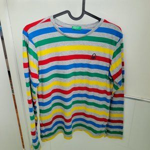 Benetton Boy's Long Sleeve 100% Cotton T-Shirt  Striped Multicolor Size 11-12